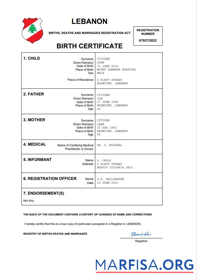 Downloadable Lebanon vital record birth certificate Word and PDF template